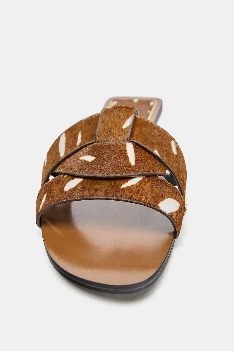 FAUX FUR CROSSED LEATHER SANDALS