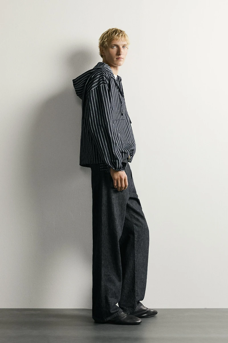 STRIPED COTTON-LINEN HOODIE OVERSHIRT