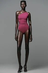 ASYMMETRIC POLYAMIDE BODYSUIT WITH METAL DETAIL