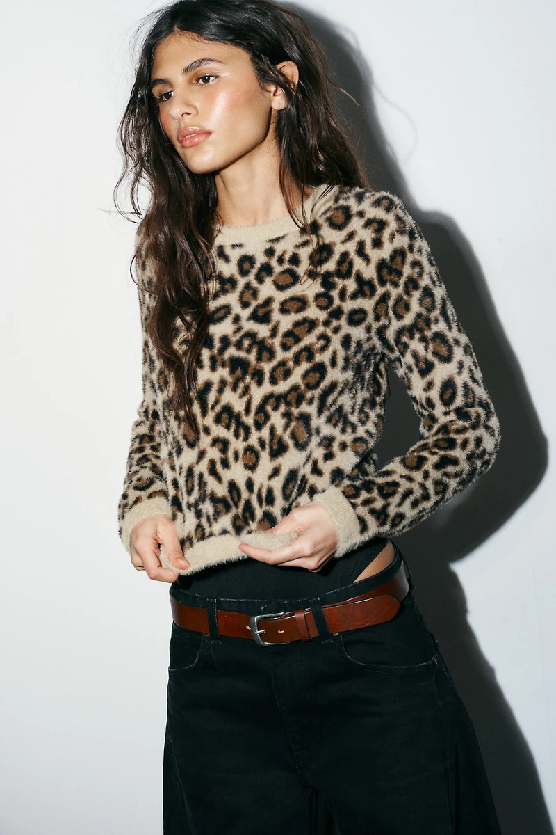 FAUX FUR ANIMAL PRINT KNIT JUMPER