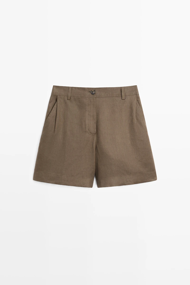 Pleated 100% linen shorts