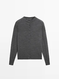 Mock turtleneck cardigan with covered buttons