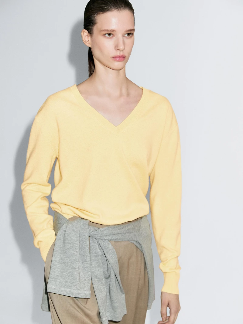 Wool blend deep V-neck knit sweater