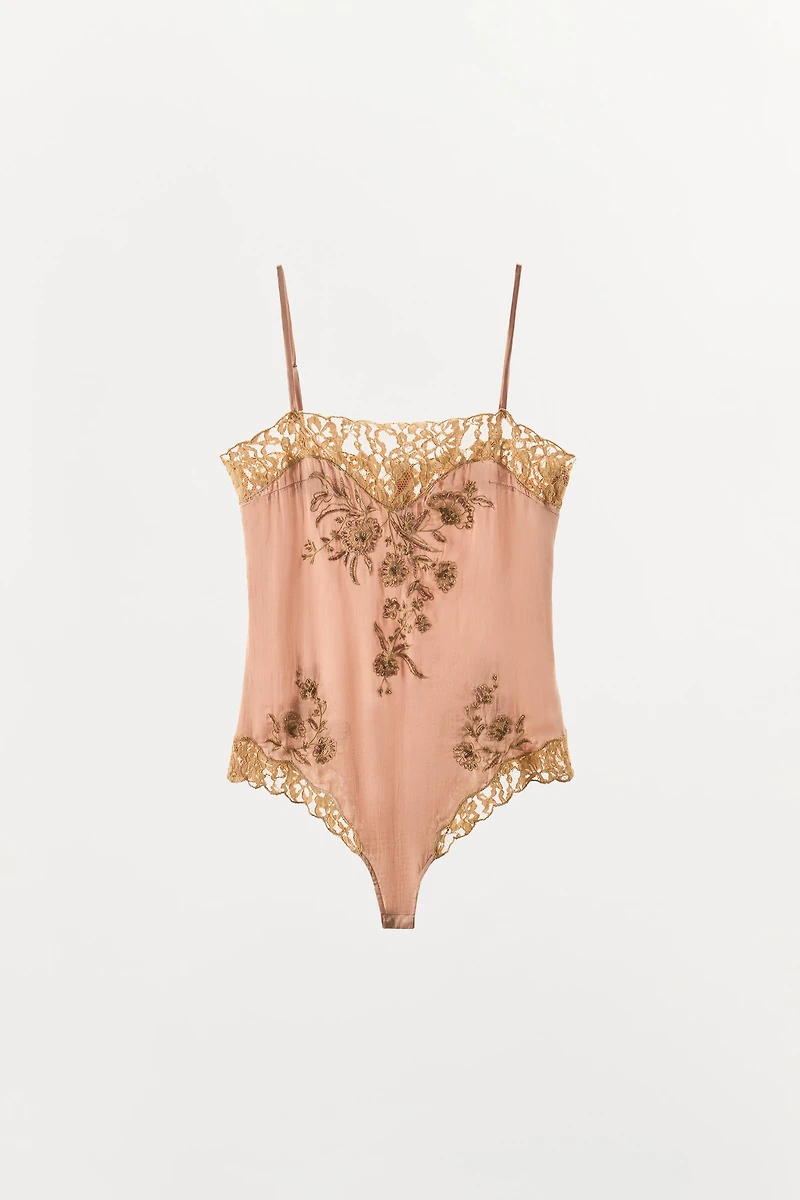EMBROIDERED SATIN EFFECT BODYSUIT