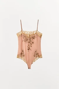 EMBROIDERED SATIN EFFECT BODYSUIT