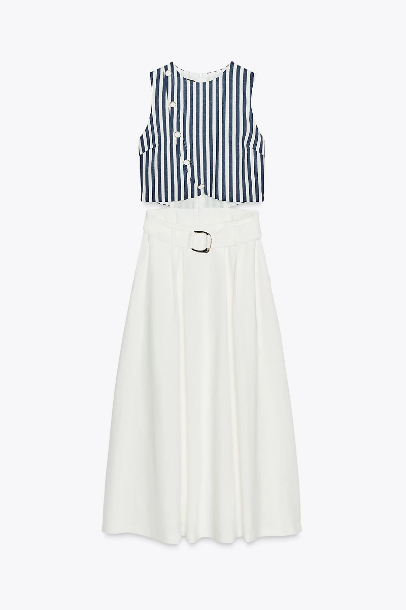 LINEN BELTED COMBINATION MAXI DRESS
