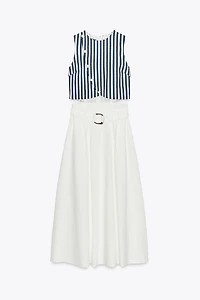 LINEN BELTED COMBINATION MAXI DRESS