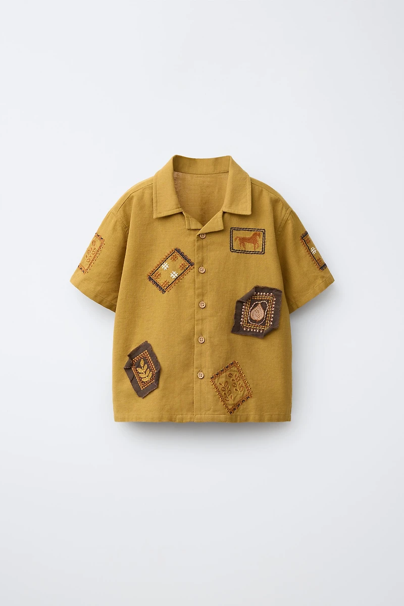 COTTON LINEN BLEND BOWLING SHIRT WITH PATCHES