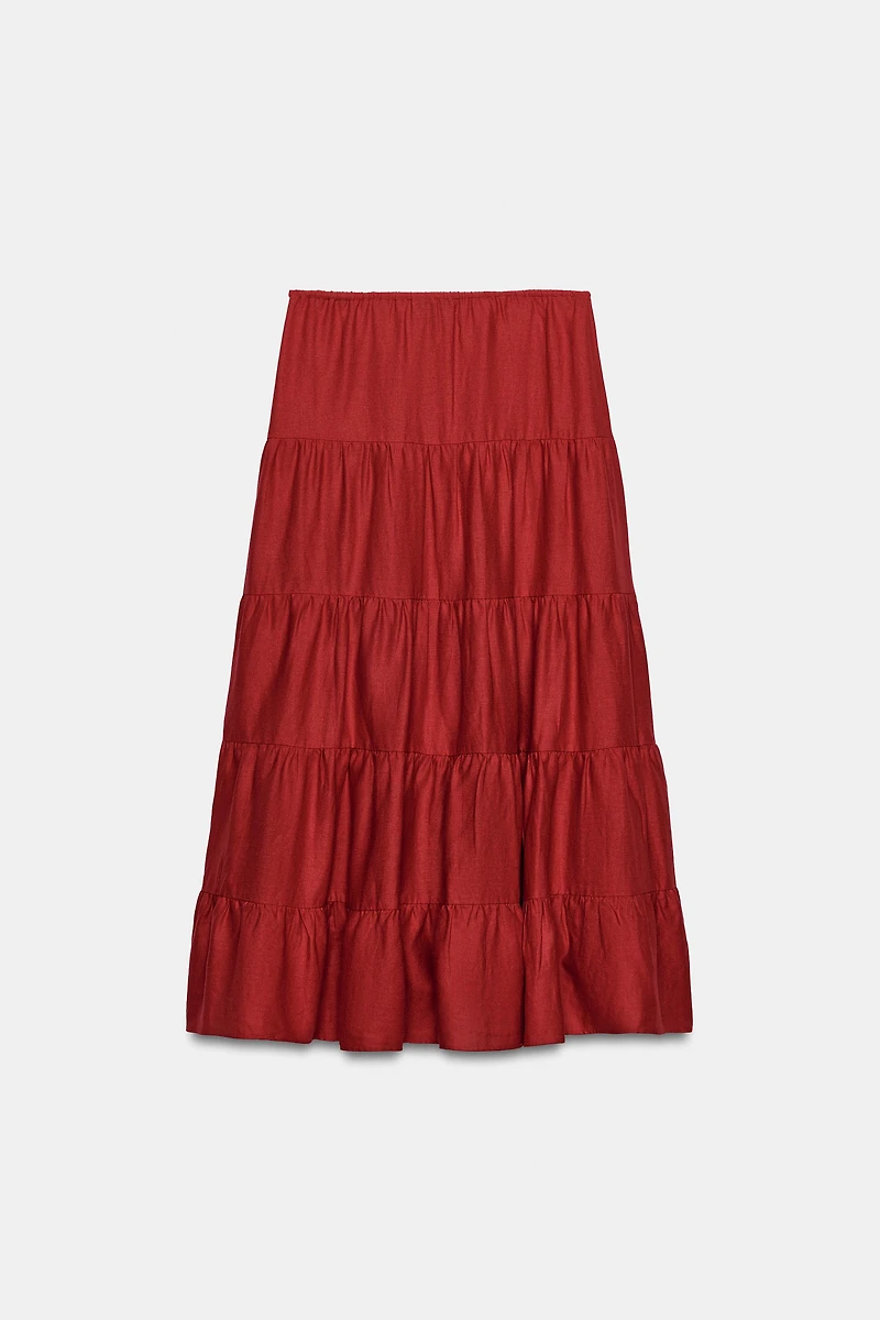 LINEN BLEND RUCHED MIDI SKIRT