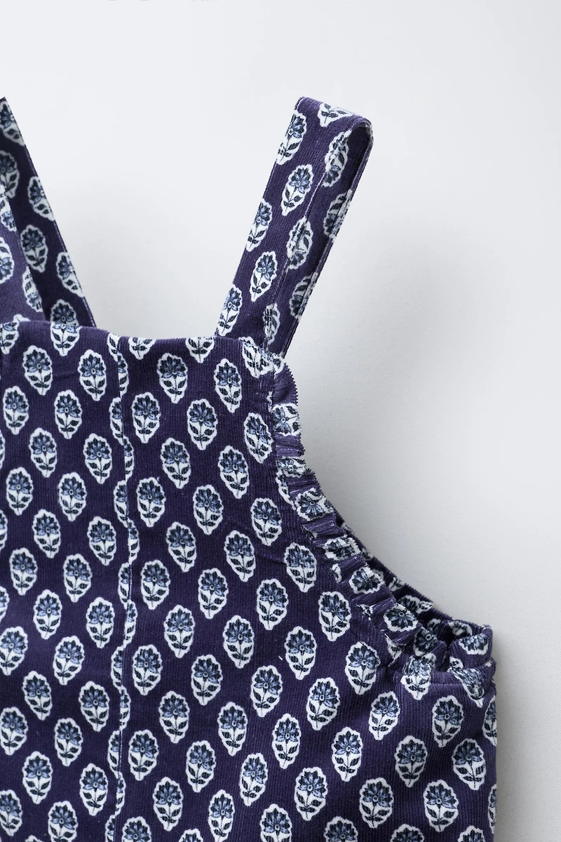 LONG FLORAL PRINT CORDUROY OVERALLS
