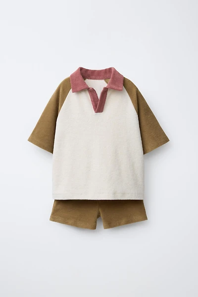 COLORBLOCK TERRYCLOTH POLO AND BERMUDA SET