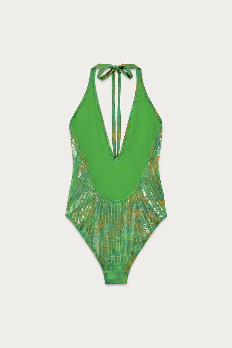 MARISA BERENSON X ZARA SEQUIN HALTER SWIMSUIT