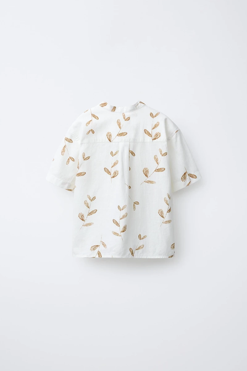 LEAF PRINT MANDARIN COLLAR SHIRT