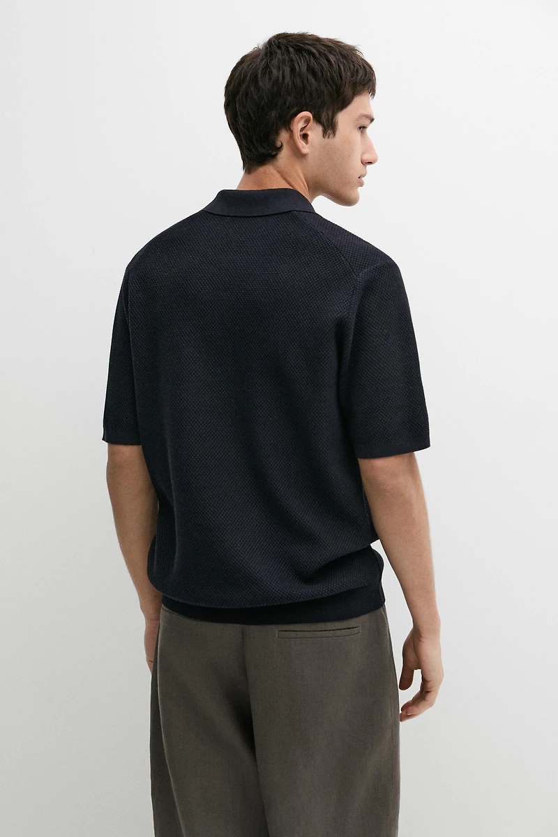 Cotton blend knit V-neck polo shirt