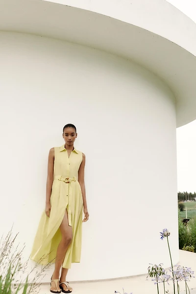BELTED POPLIN MIDI DRESS