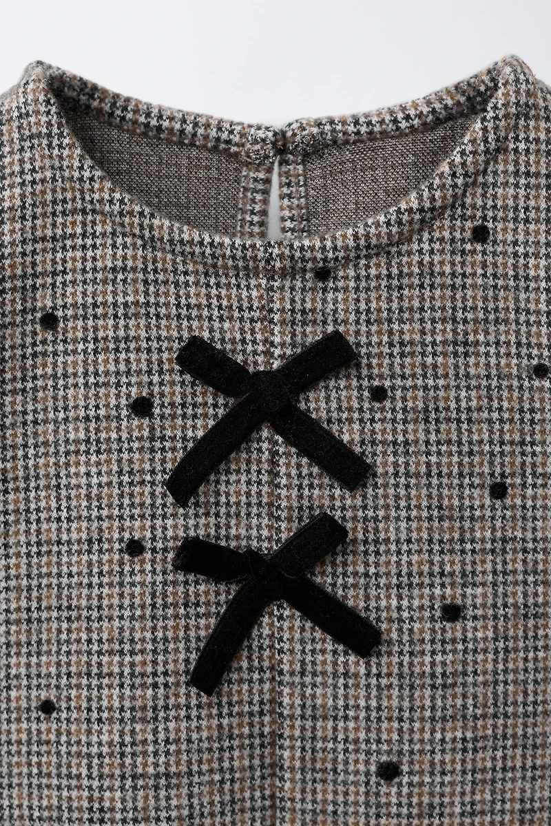 HOUNDSTOOTH FLOCKED POLKA DOT BOW DRESS