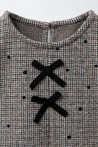 HOUNDSTOOTH FLOCKED POLKA DOT BOW DRESS