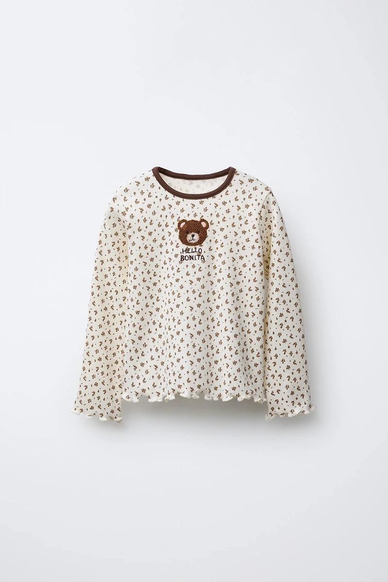FLORAL ANIMAL FUZZY PATCH RIBBED T-SHIRT