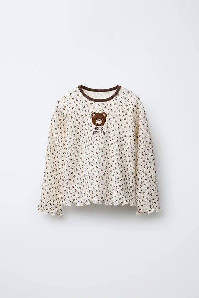 FLORAL ANIMAL FUZZY PATCH RIBBED T-SHIRT