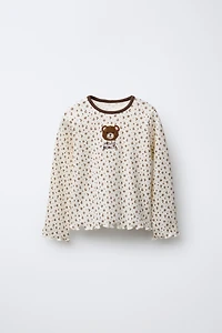 FLORAL ANIMAL FUZZY PATCH RIBBED T-SHIRT