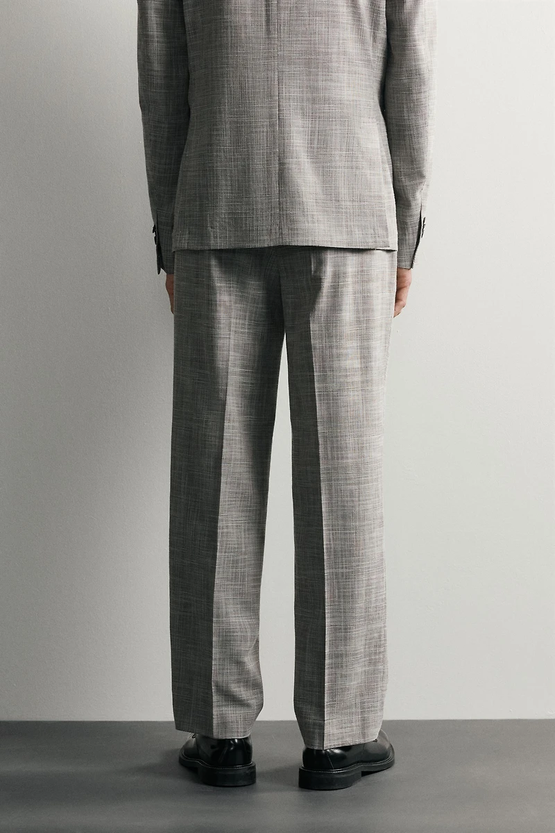 CHECKED WOOL BLEND PLEATED SUIT PANTS