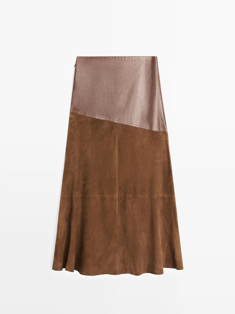 Suede nappa leather skirt with asymmetric yoke
