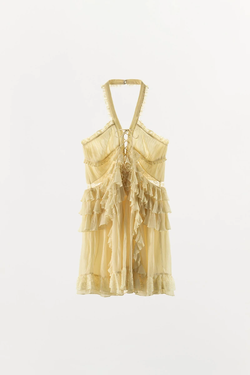 SHORT RUFFLED LACE HALTER DRESS