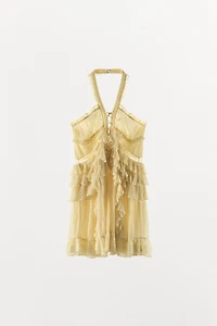SHORT RUFFLED LACE HALTER DRESS