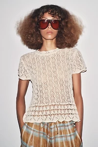 SHORT SLEEVE POINTELLE KNIT TOP