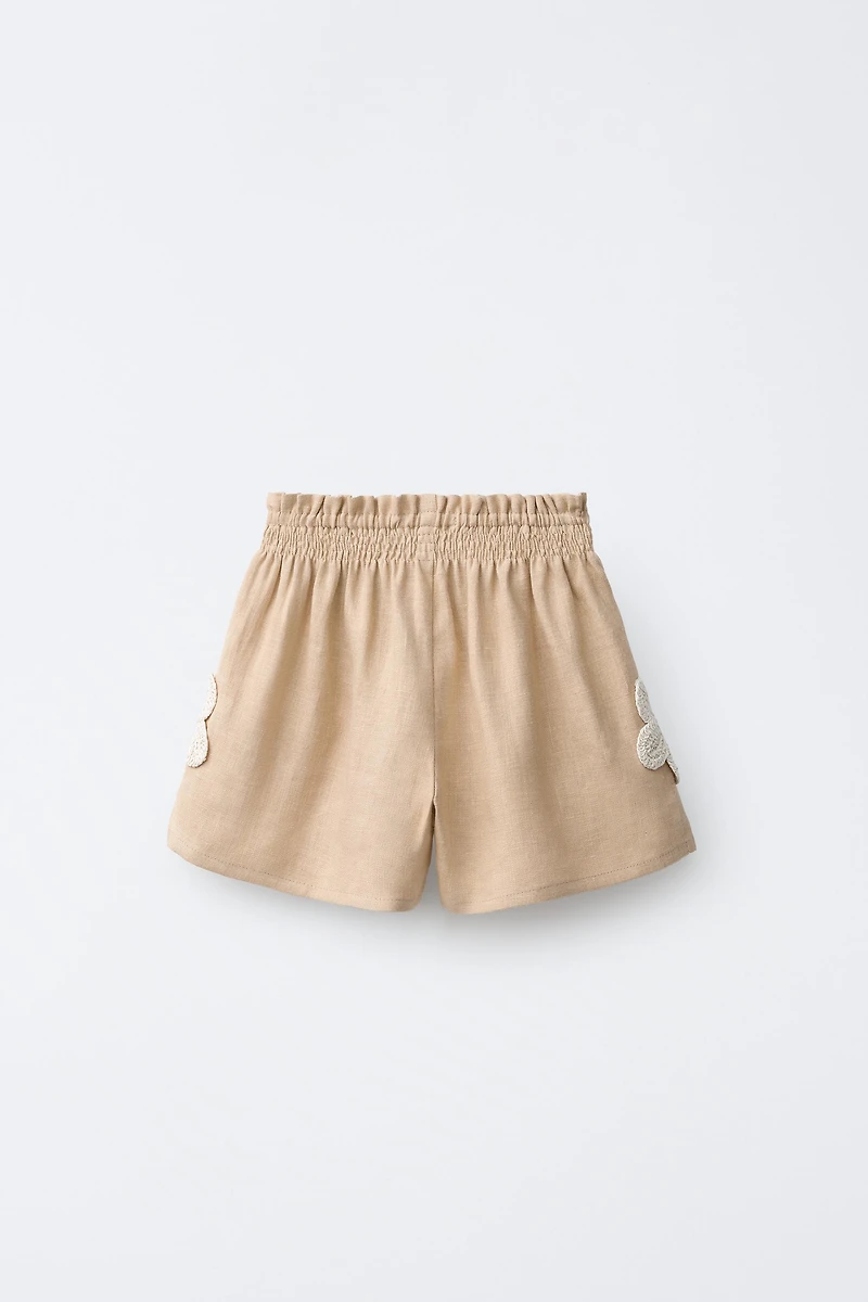 100% LINEN CROCHET FLORAL SHORTS
