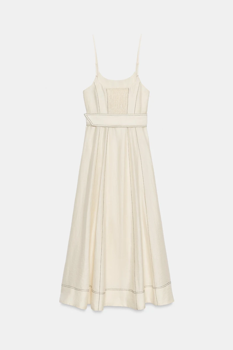 LINEN MIDI DRESS WITH CONTRAST STITCHING AND BELT