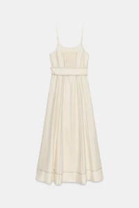 LINEN MIDI DRESS WITH CONTRAST STITCHING AND BELT