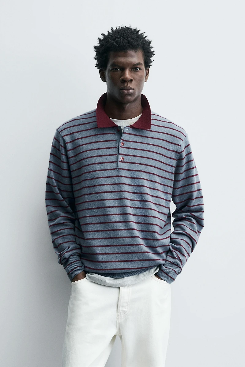 STRIPED WOOL BLEND KNIT POLO SHIRT