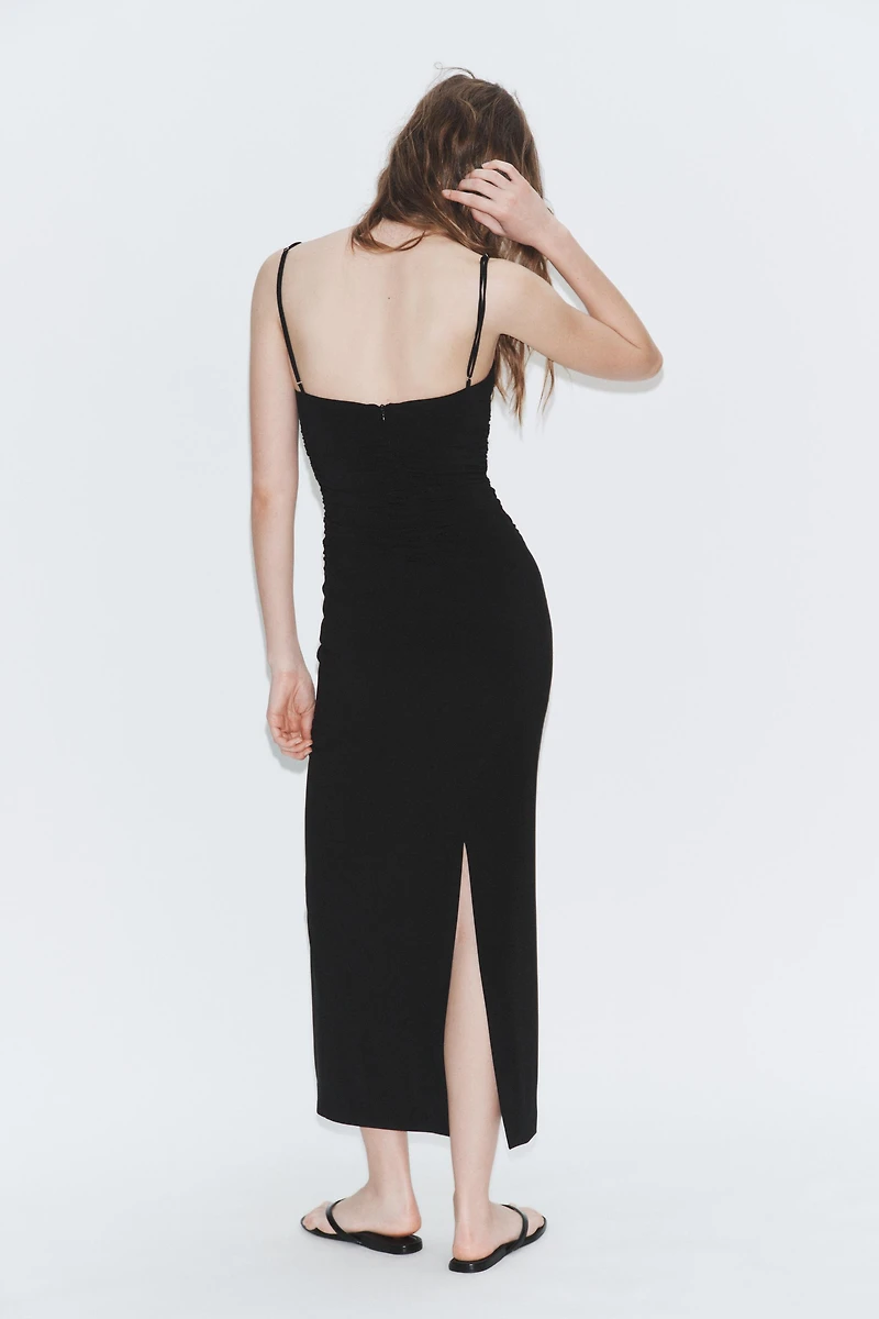 RUCHED STRAPPY MIDI DRESS