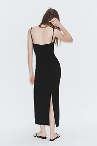 RUCHED STRAPPY MIDI DRESS
