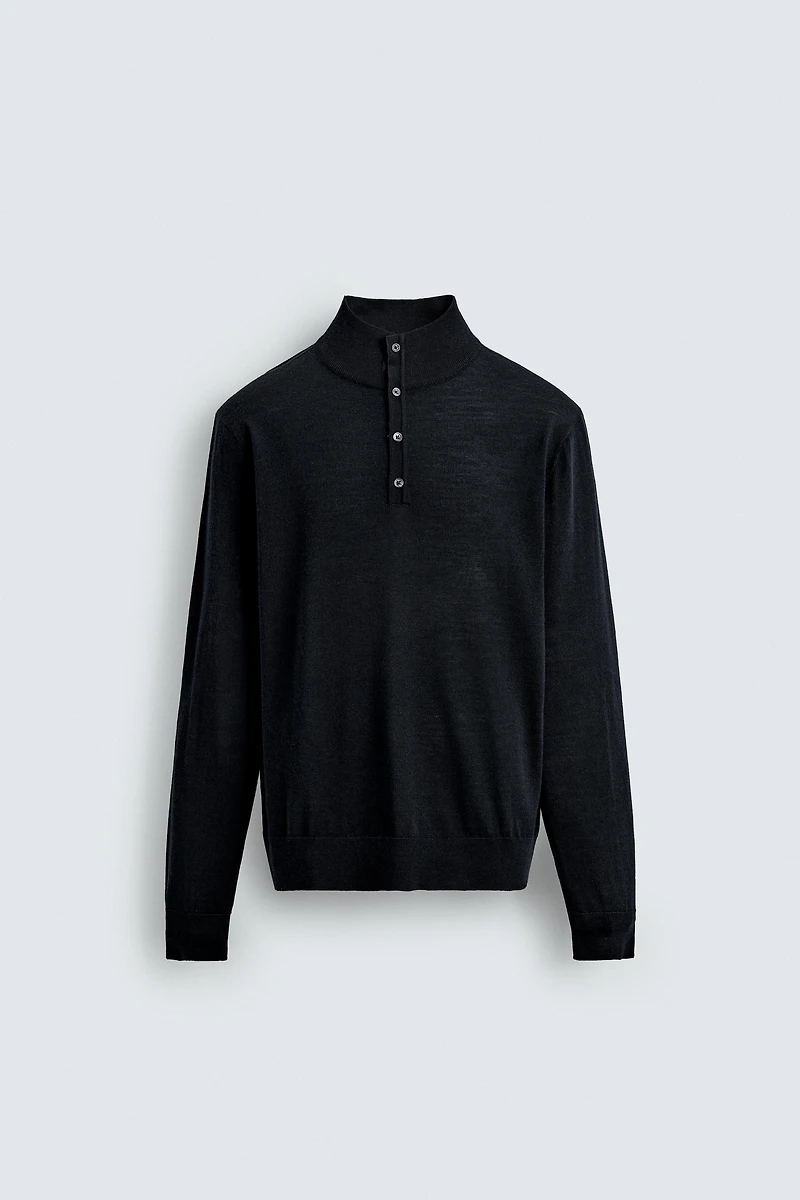 100% WOOL BUTTON NECK SWEATER