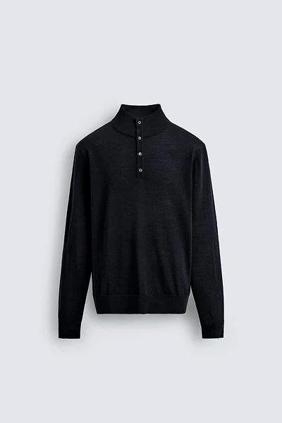 100% WOOL BUTTON NECK SWEATER