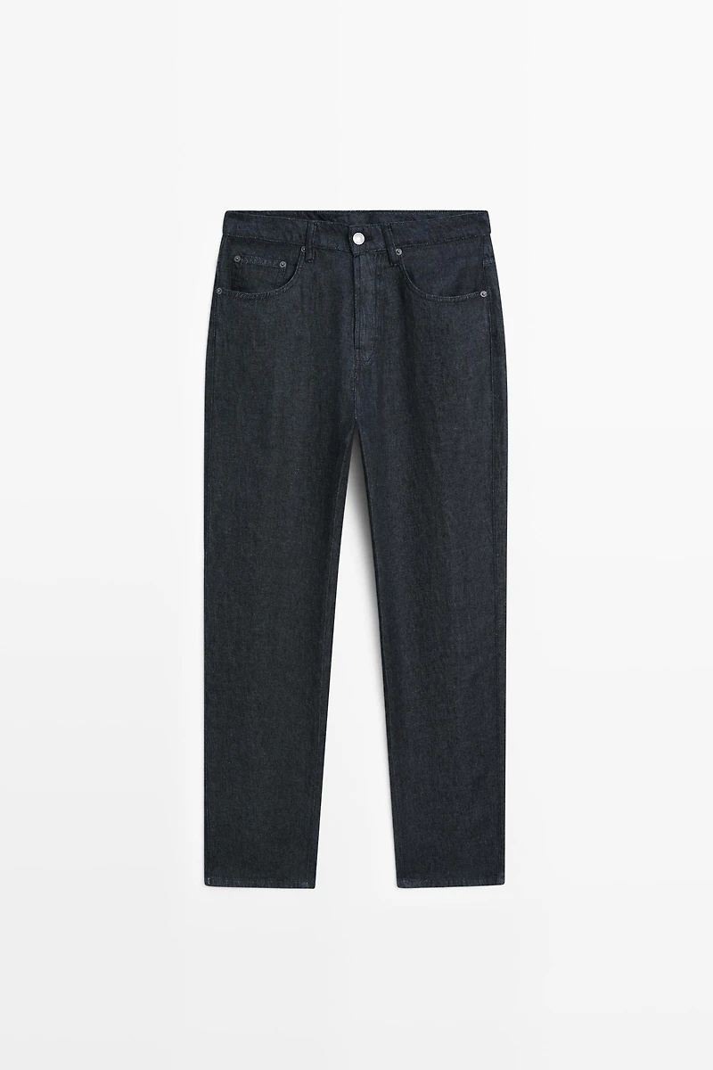 Straight-leg linen denim-effect pants