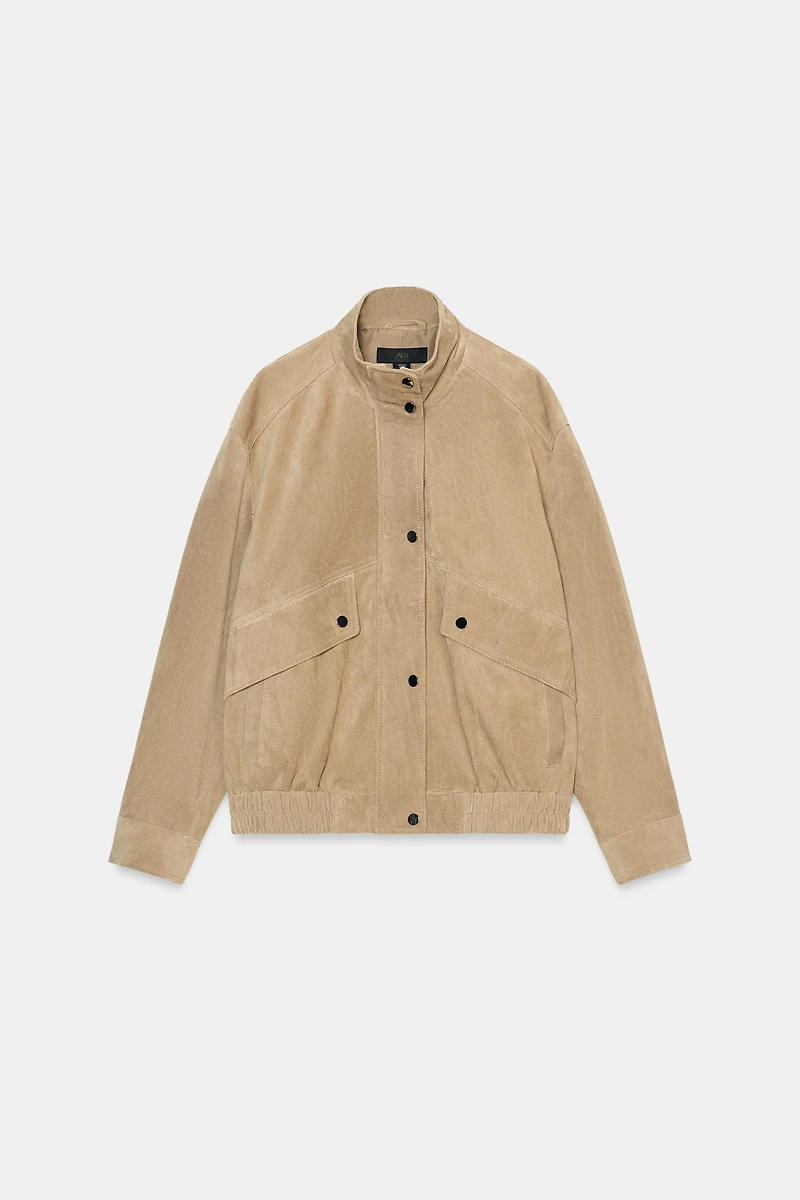 100% SUEDE LEATHER HIGH COLLAR JACKET
