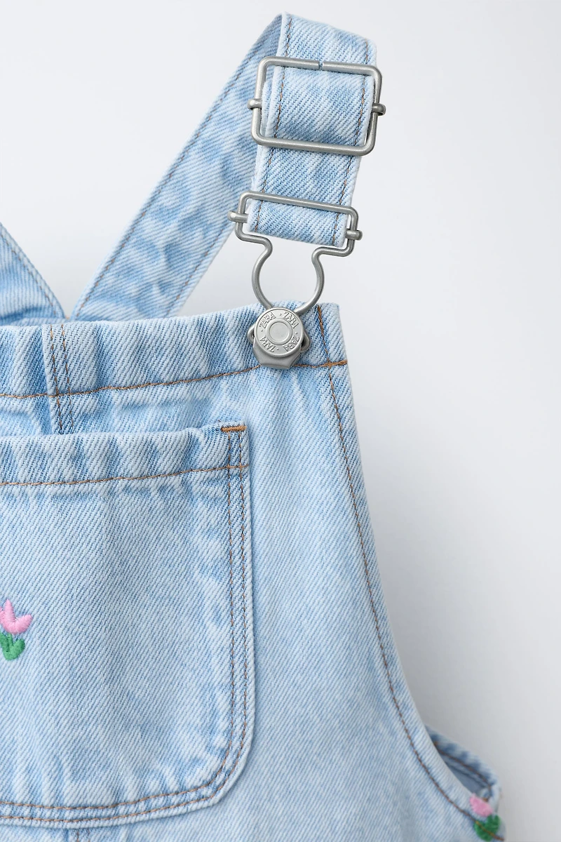 EMBROIDERED TULIP DENIM OVERALLS