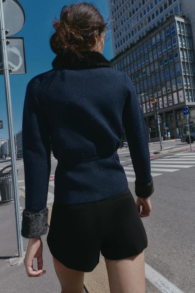 FAUX FUR TRIM COMBINATION CARDIGAN