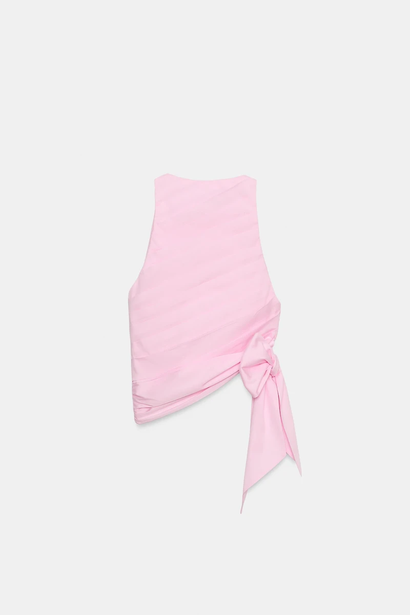 TIED PLEATED POPLIN HALTER TOP