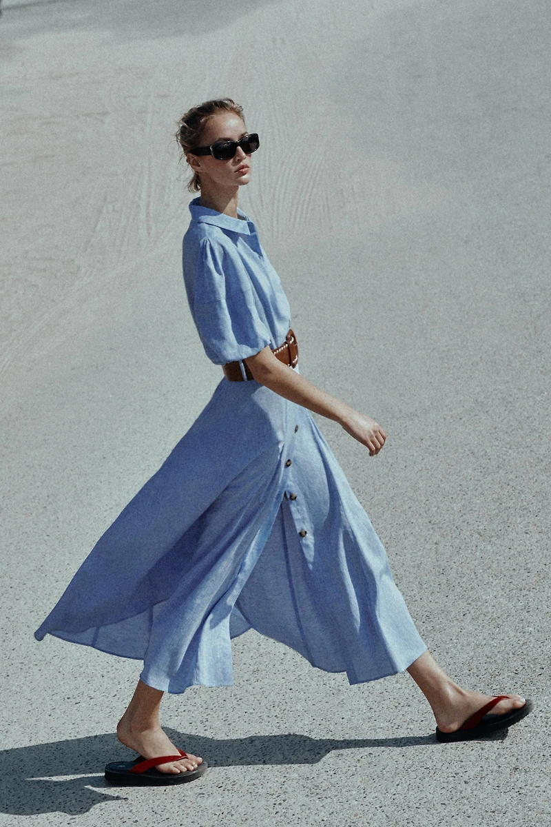 BELTED LINEN MIDI DRESS