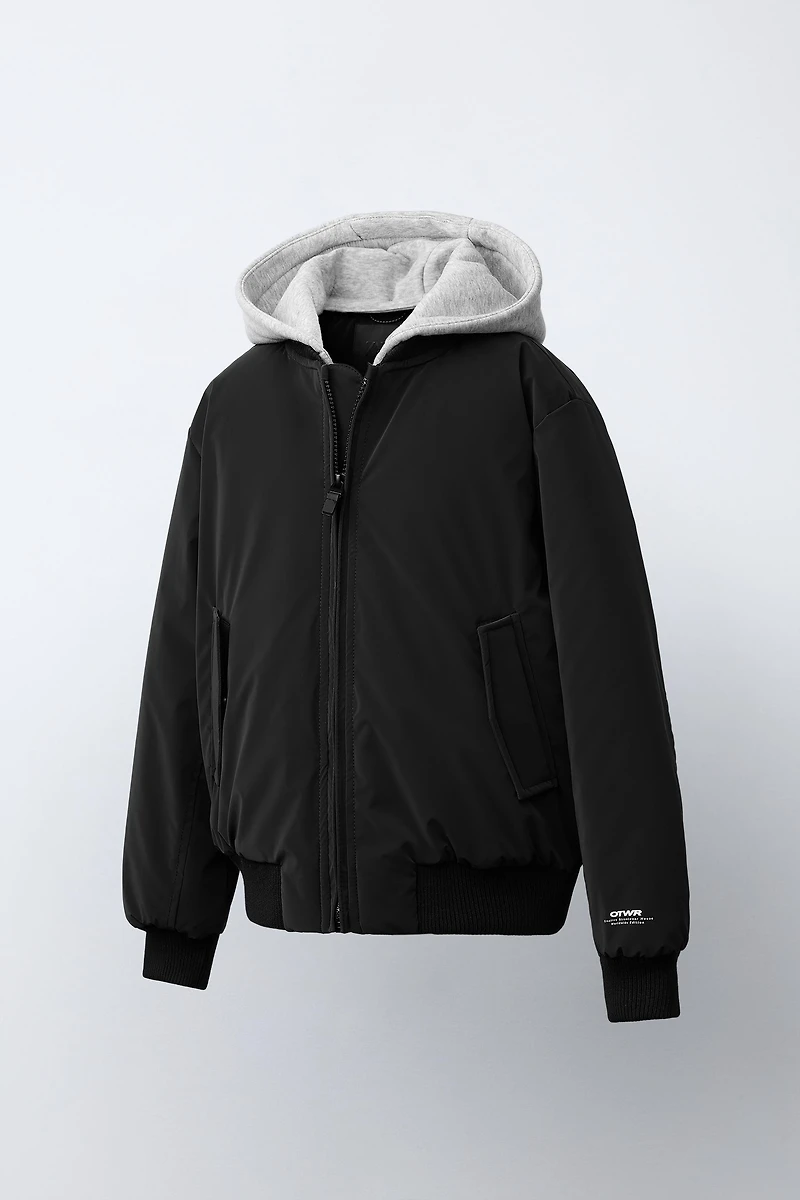 RUBBERIZED BOMBER JACKET WITH REMOVABLE FLEECE HOODIE
