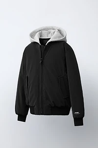 RUBBERIZED BOMBER JACKET WITH REMOVABLE FLEECE HOODIE