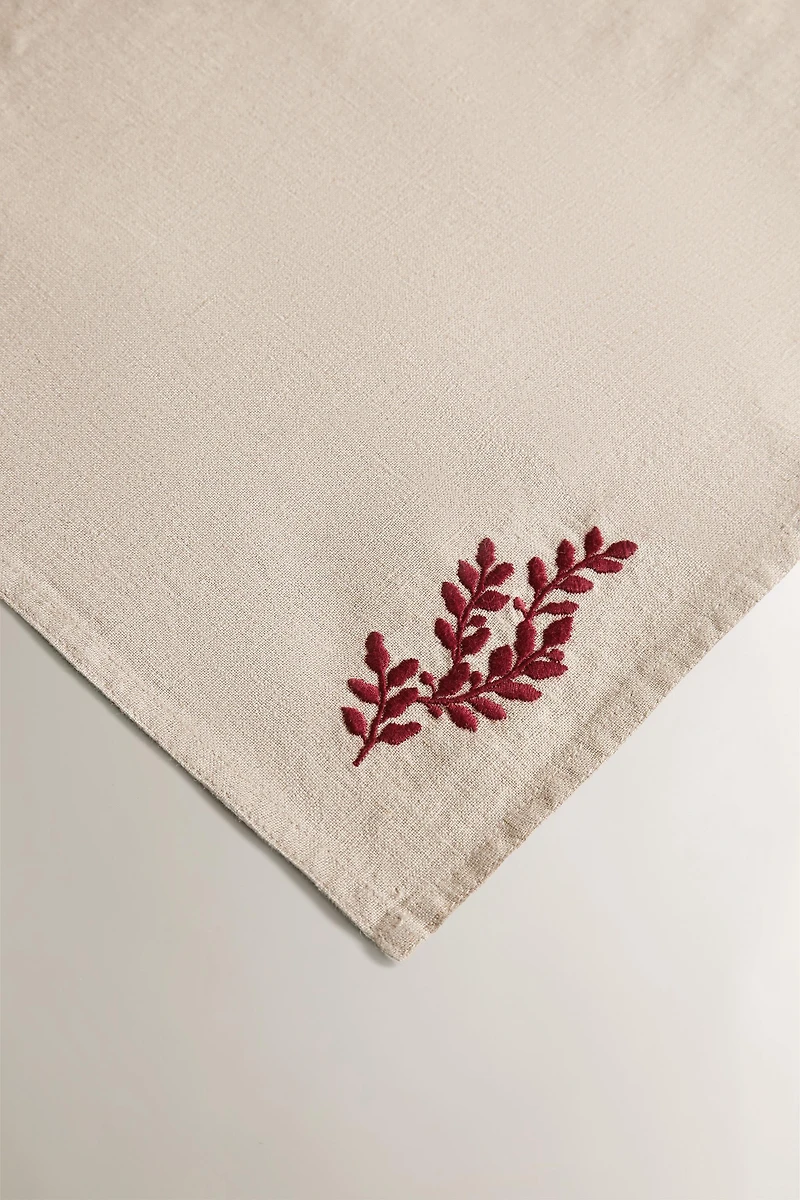 LOT DE 2 SERVIETTES DE TABLE EN LIN FEUILLES ROUGES NOËL