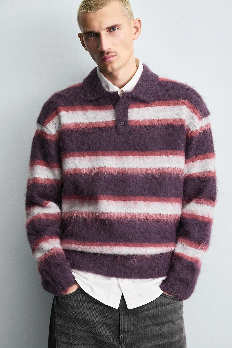 POLO EN MAILLE BROSSÉE À RAYURES