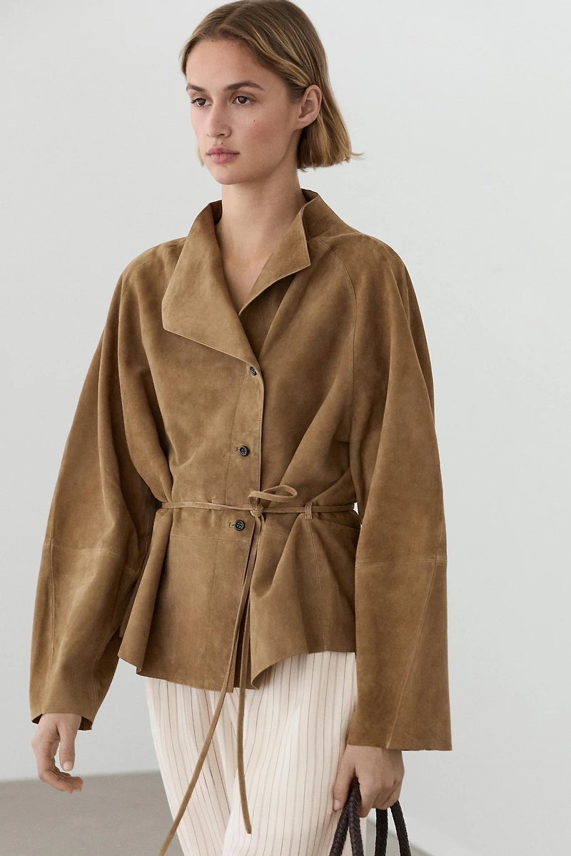Suede leather jacket with drawstring