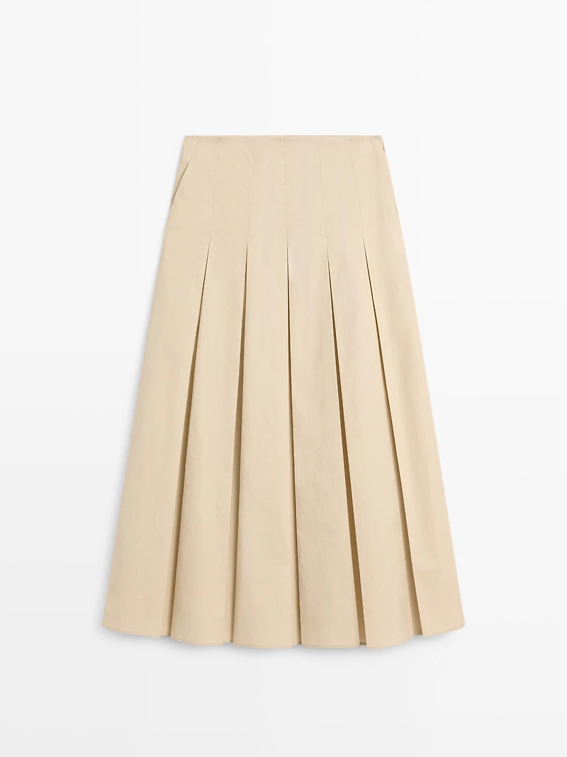 Cotton box pleat midi skirt