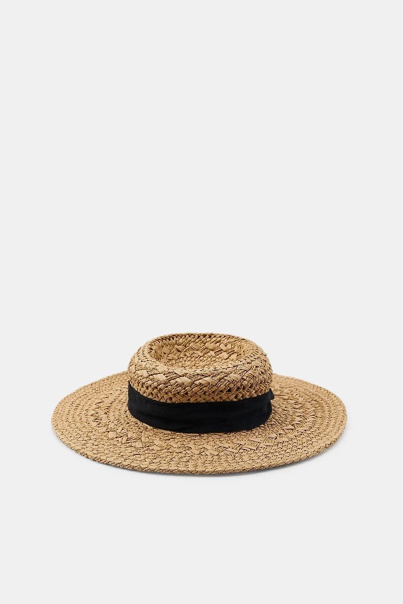 WOVEN HAT WITH CONTRASTING RIBBON